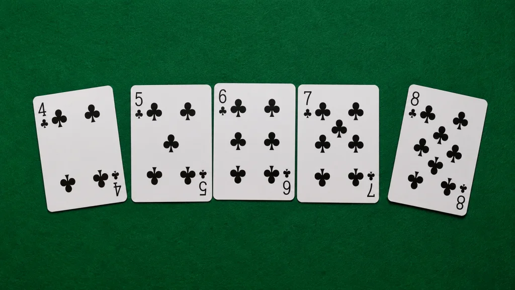 A three-card run extended on both ends by two newly added cards during a layoff