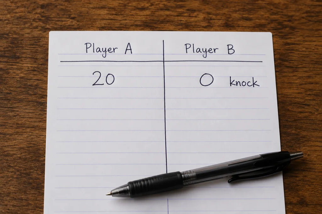 A handwritten scoresheet showing Player A scoring twenty points on a knock