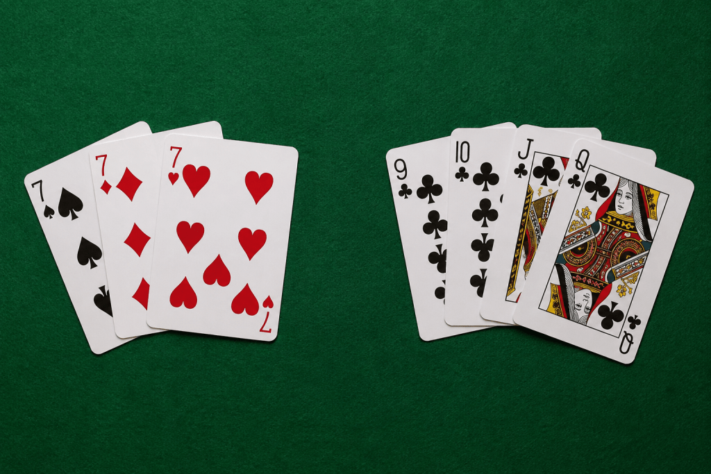 A set of three sevens beside a run of four consecutive clubs