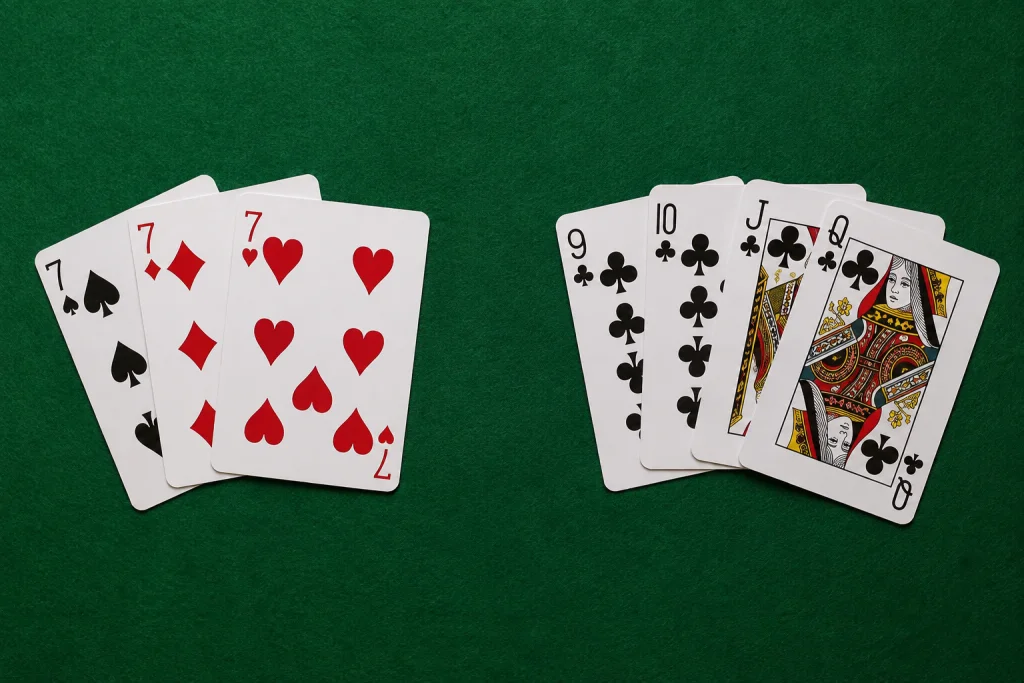 A set of three sevens beside a run of four consecutive clubs