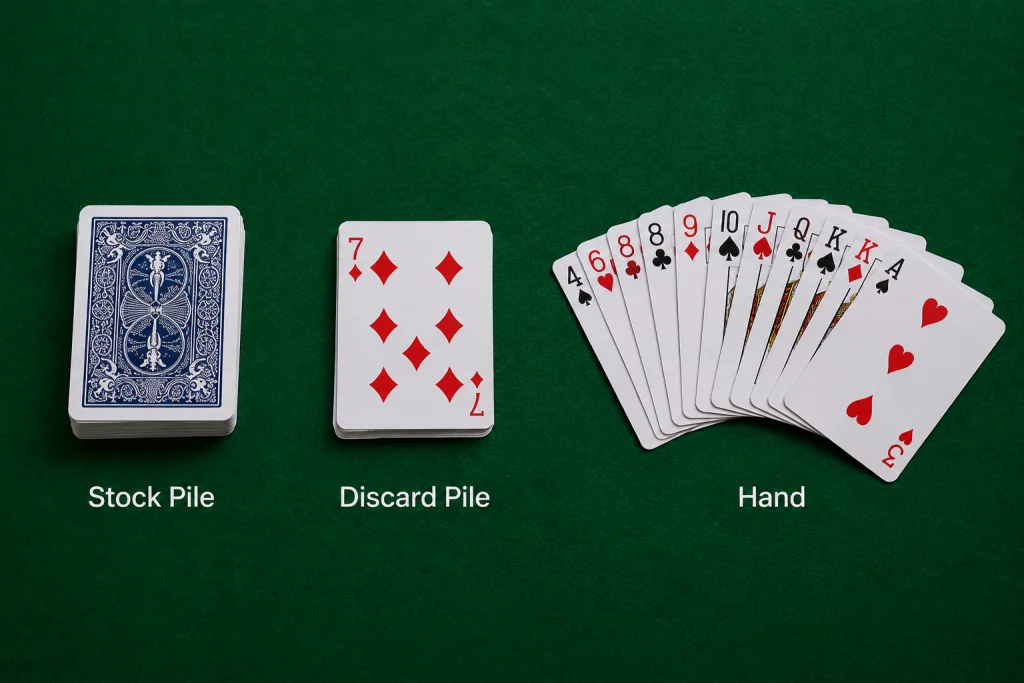 Labeled diagram identifying the stock pile, discard pile, and a player's hand
